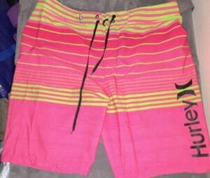 Hurley Men's Pink and Neon Yellow Striped Boardshorts